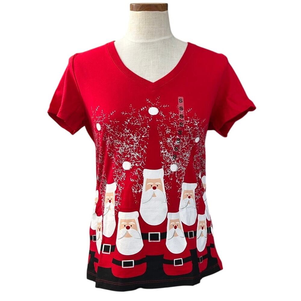 New Santa Claus Novelty Print Size S Christmas V-Neck T-Shirt NWT Holiday Red